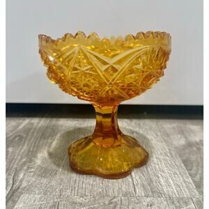 Vintage Kemple Amber Glass‎ Pedestal Candy Dish w/ Glass Inclusion on base